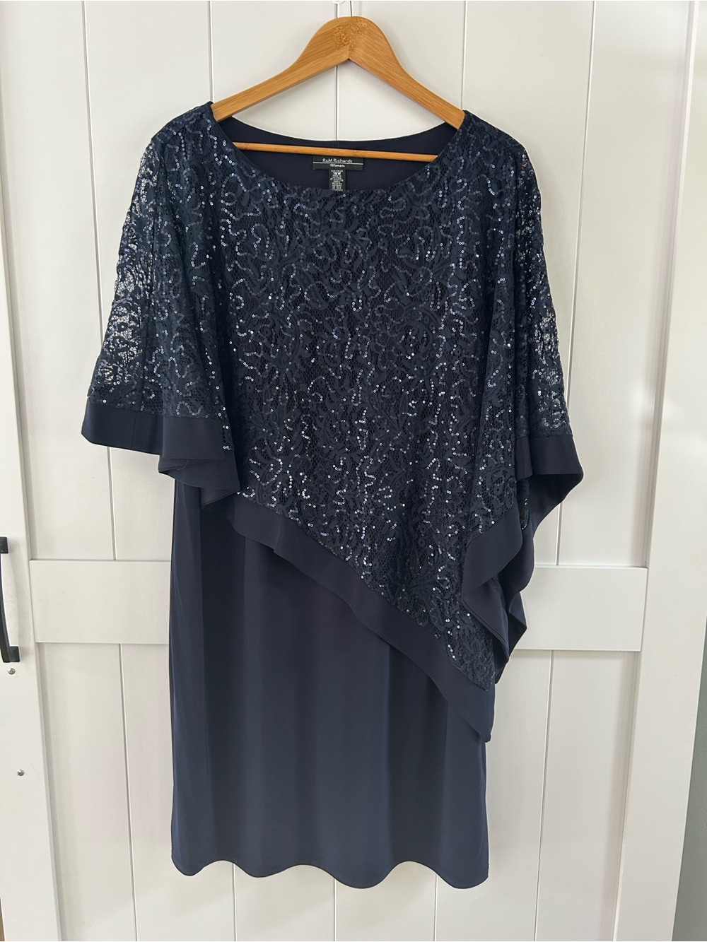 R&M Richards Navy Asymmetrical Sequin Lace Overlay Dress.  Size 18.